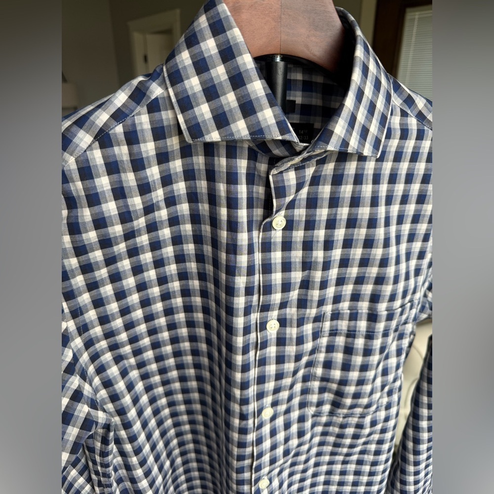 Pronto Uomo 14.5 32/33 Navy Plaid Slim Fit Spread Collar Dress Shirt Non-Iron - Picture 2 of 6